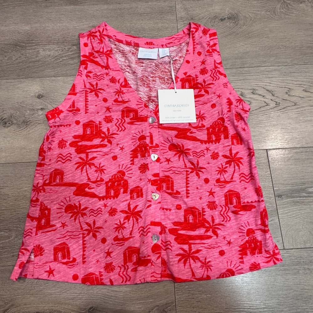 Cynthia Rowley Pink Red Tropical Linen Blend Sleeveless Button Top Medium NWT